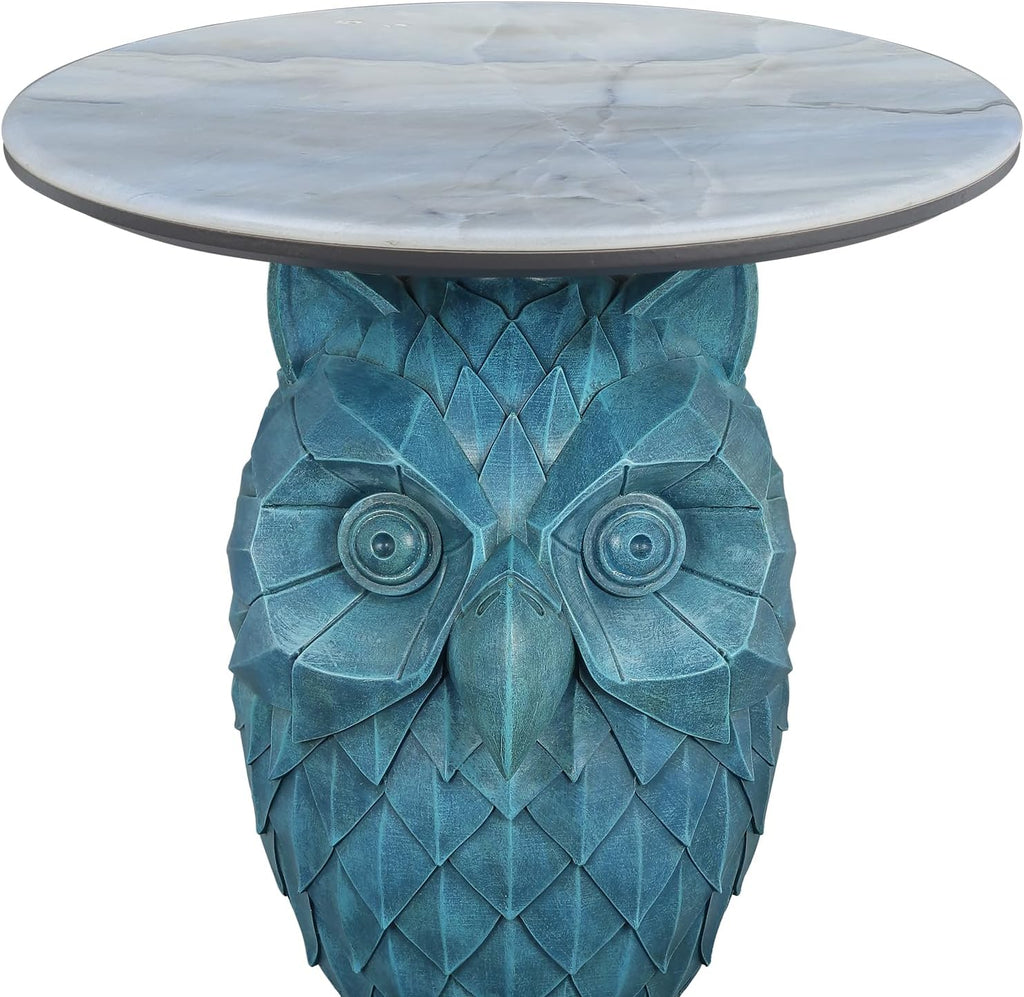 Luxury Owl Side Table, Blue Faux Marble Top Accent End Table, Decorative Animal Sculpture Furniture for Living Room, Bedroom, Entryway Home Decor