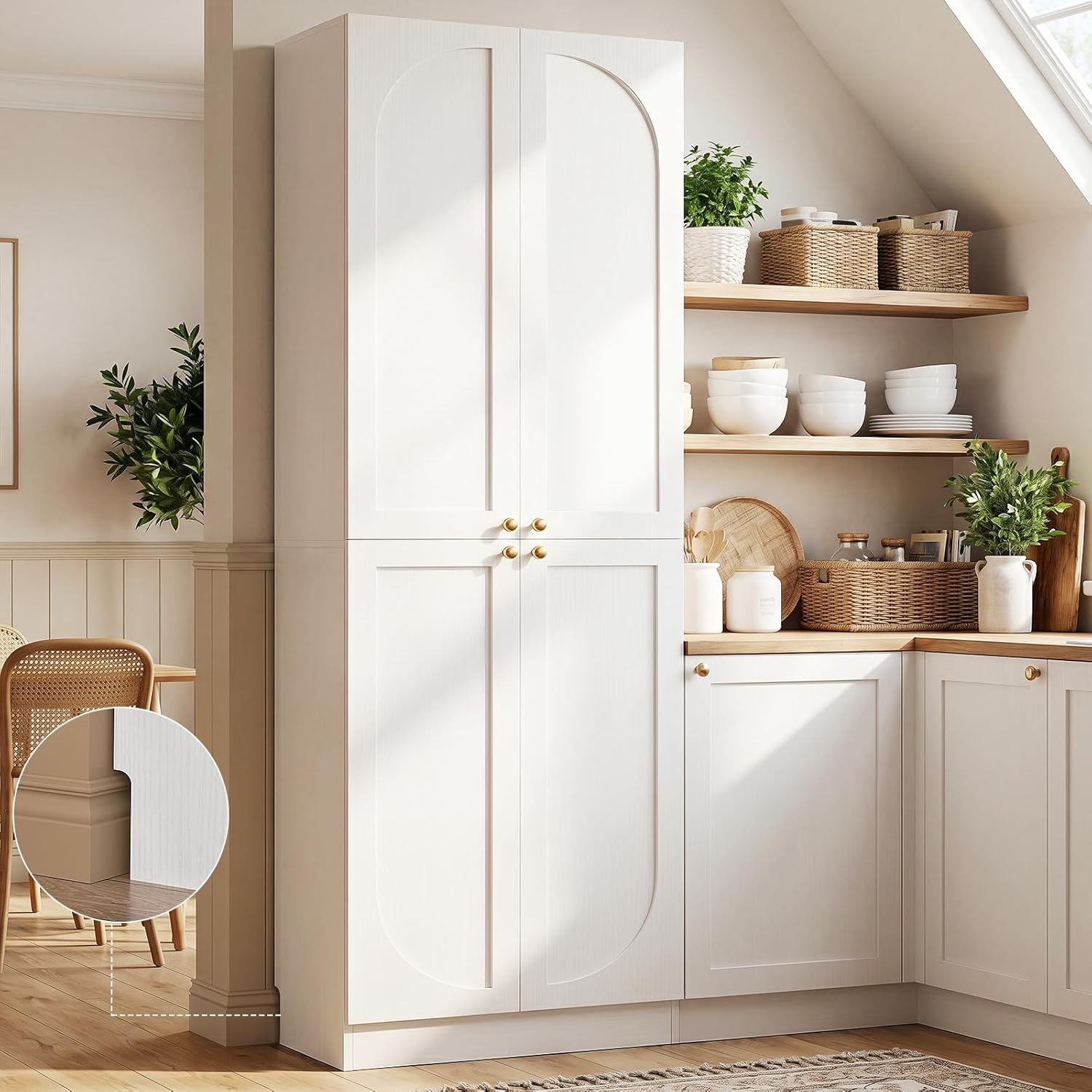 Cyclysio 80" Kitchen Pantry, Extra Tall Arch Storage Cabinet with 4 Soft Close Doors and Adjustable Shelves, Freestanding Wood Cupboard with Seamless Fit Wall for Dining Living Room Bathroom Furniture
