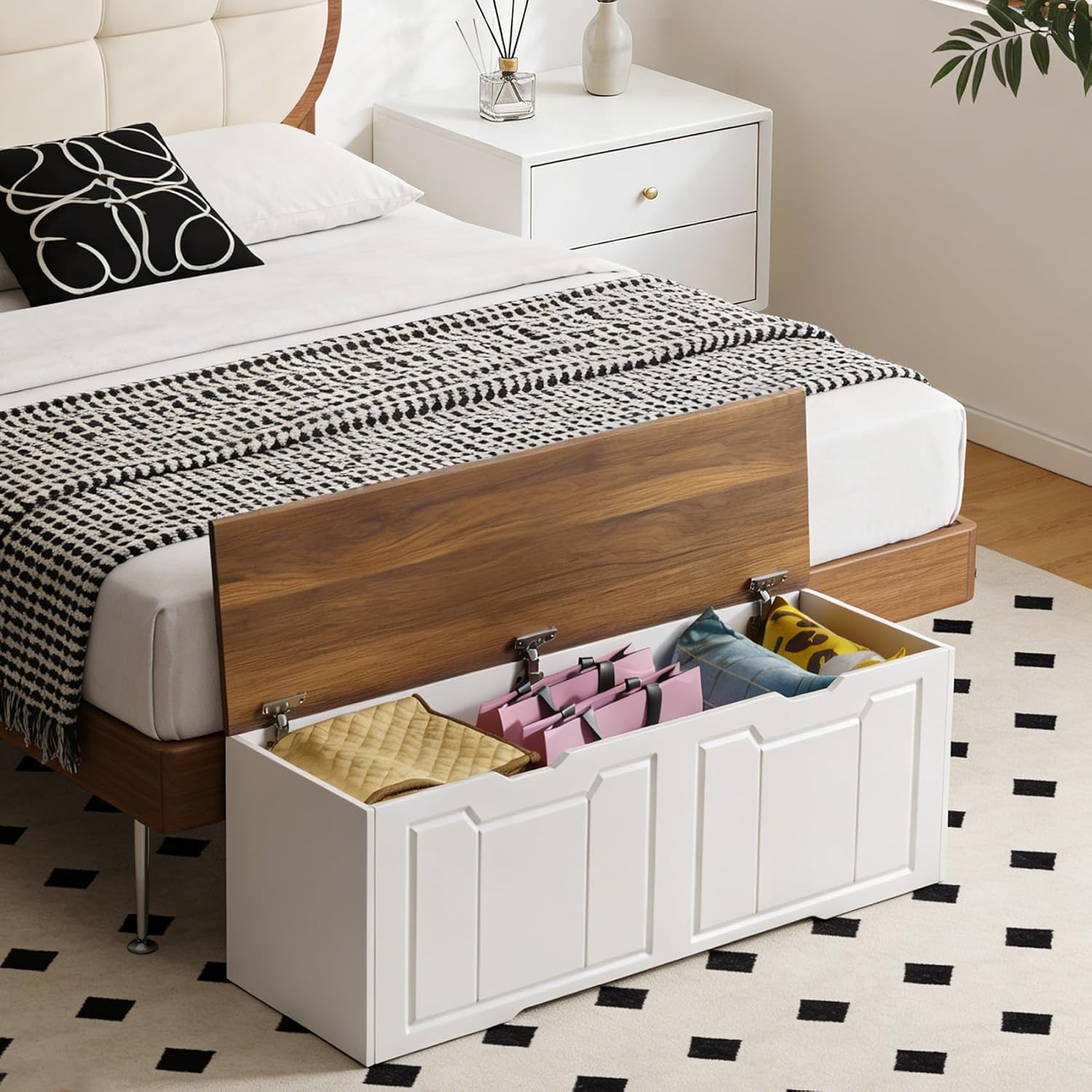 L-Shaped Kitchen Breakfast Nook Bench with Hidden Storage Space, White and Walnut Colors, Backless Wood Corner Bench with Cushion Seat, 63IN x 15.7IN x17.7IN(Two Packages Delivered)