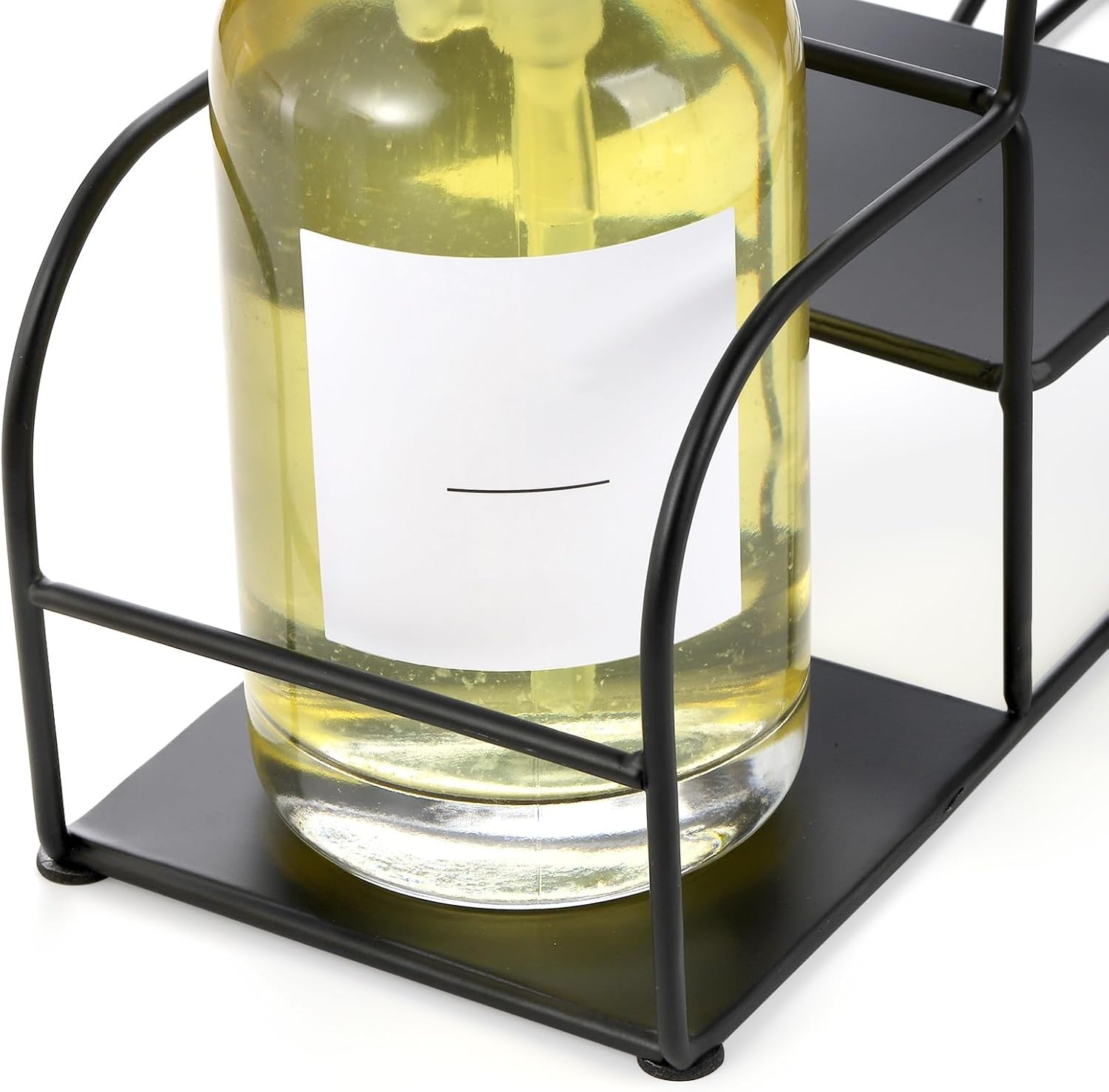Noamus 4-Tier Syrup Bottle Holder, Iron 4 Compartment Bottle Organizer Rack, 16" Countertop Display Storage Shelf Bottle Stand, Metal Coffee Bar Organizer for Dressing, Wine, Juice, Kitchen, Black