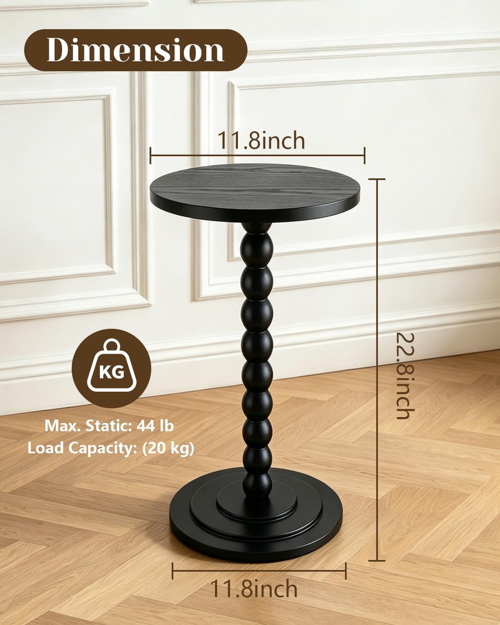 Small Round Side Table, Drink Table, Coffee Martini Table for Small Spaces Modern Accent End Table Nightstand with Solid Wood Leg for Living Room, Bedroom, Corners, and Office (Black)