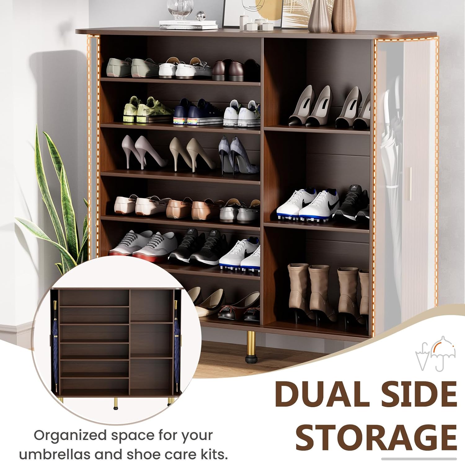 YOLENY 6-Tier 47'' Shoe Cabinet with Sliding Door, Wooden Shoe Storage Cabinet with Adjustable Shelves, Mid-Century Modern Freestanding Shoe Storage Organizer Walnut