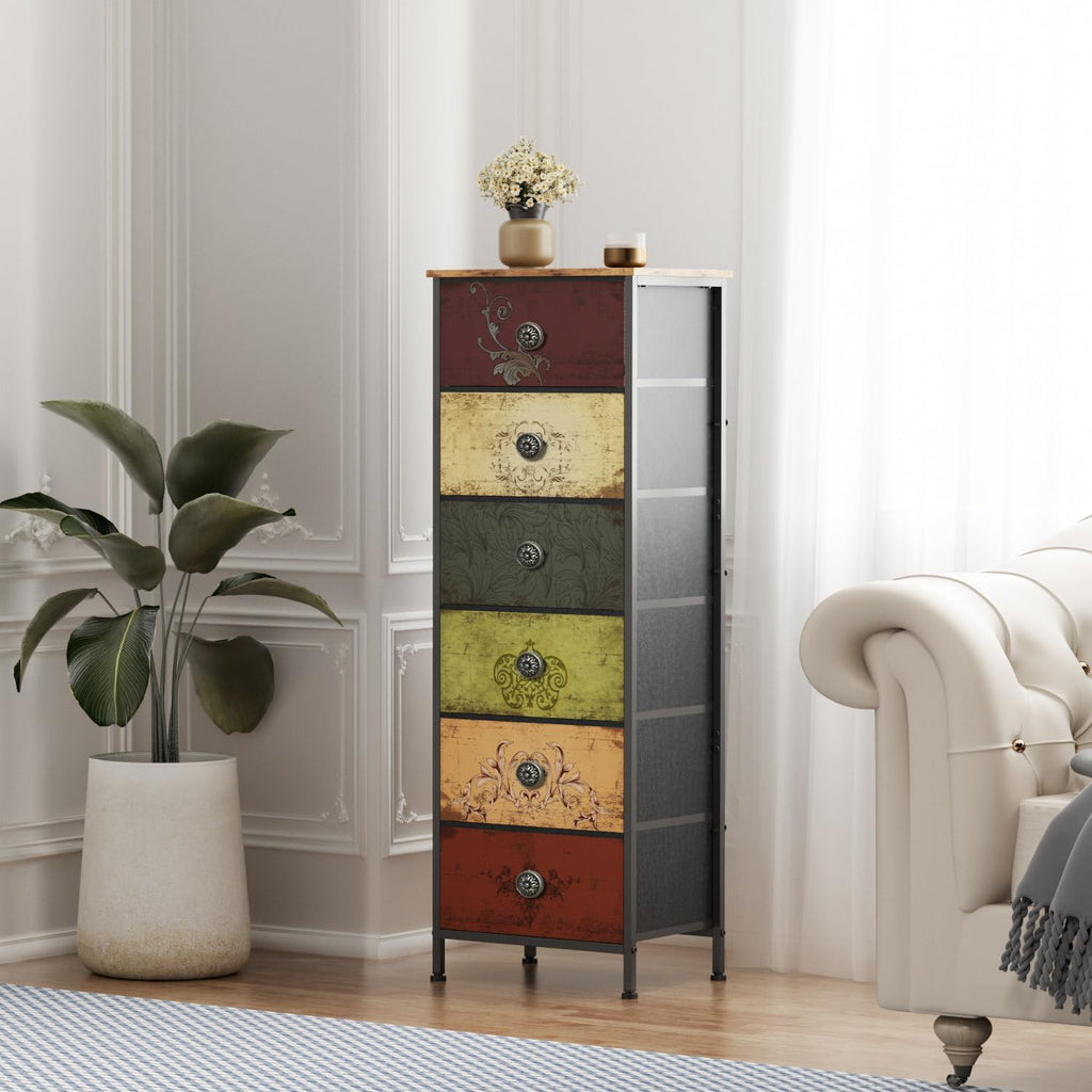 VASICAR Tall Dresser with 6 Drawers, Pattern Storage Drawer Units, Storage Tower Units, Fabric Dresser Nightstand for Bedroom, Hallway, Entryway, Closets, Dorm