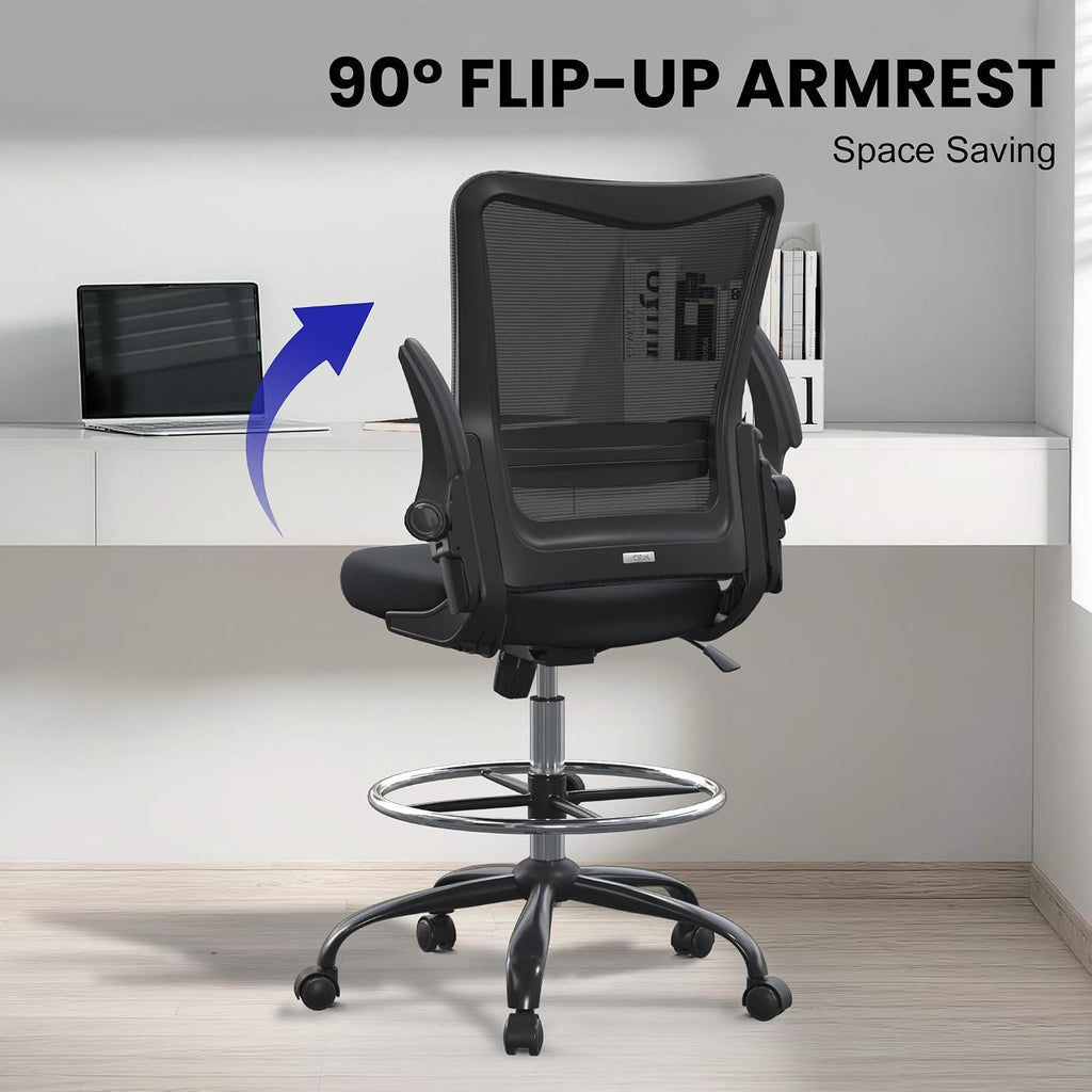 Drafting Chair Tall Office Chair for Standing Desk with Up & Down Flip-Up Armrest, 9” Adjustable Height High Desk Chair with Footrest Ring, 120° Recline Mesh Ergonomic Chair, 300 lbs