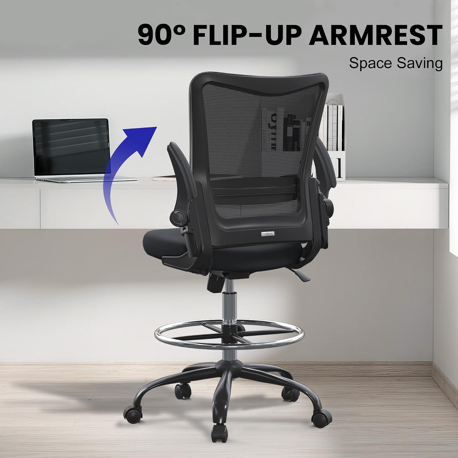 Drafting Chair Tall Office Chair for Standing Desk with Up & Down Flip-Up Armrest, 9” Adjustable Height High Desk Chair with Footrest Ring, 120° Recline Mesh Ergonomic Chair, 300 lbs