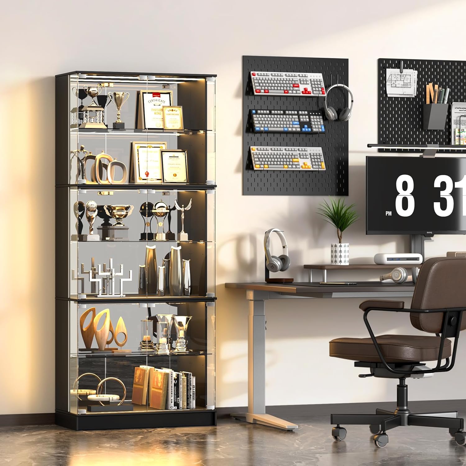 VersionTECH. Display Cabinet with Glass Doors, 6-Tier 71'' Tall Curio Cabinet with RGB Lights for Collectibles, Display Case with Adjustable Glass Shelves, Human Body Sensor, Mirror Backing, Black