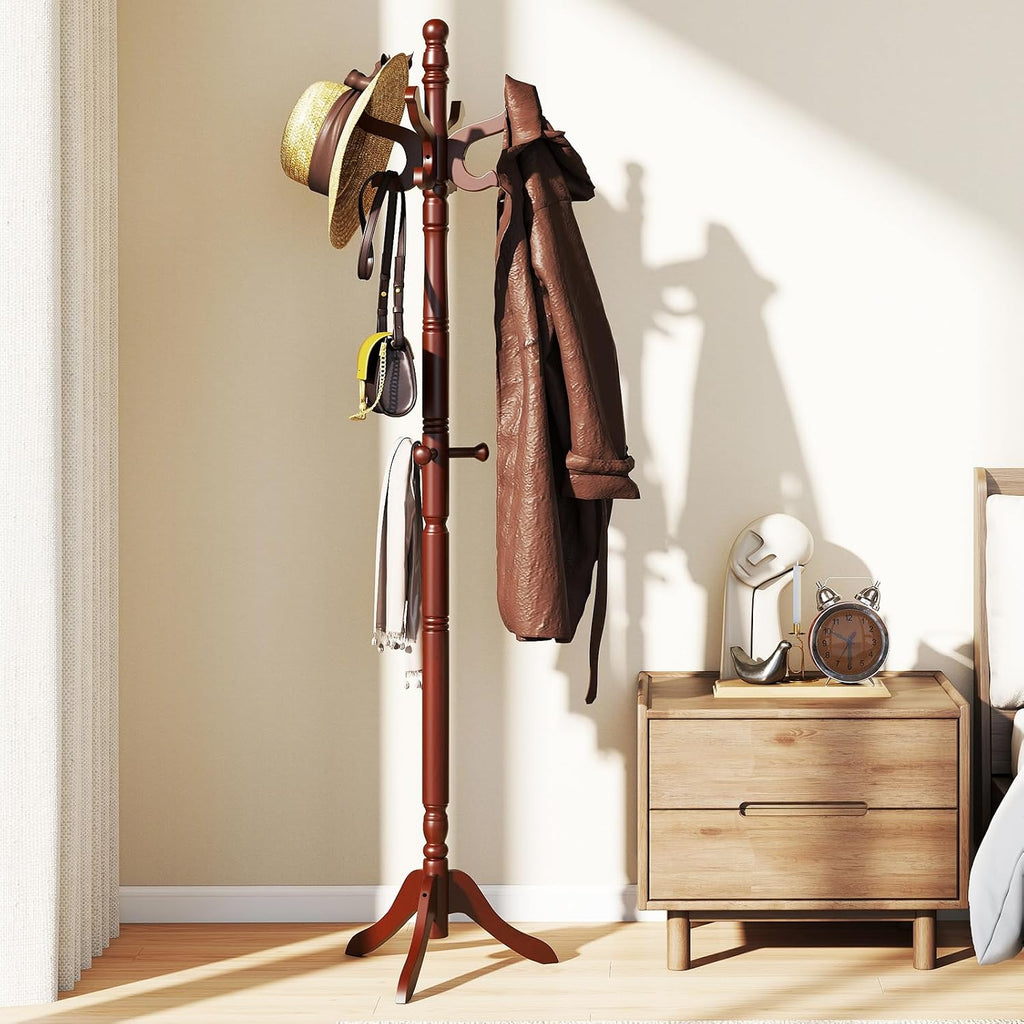 Tangkula Coat Rack Freestanding, Solid Rubber Wood Coat Tree with 11 Hooks and 3 Height Options for Coats, Hats, Bags, Purses, Clothes, Hanger Stand for Entryway Hallway Bedroom Office (Reddish Brown)