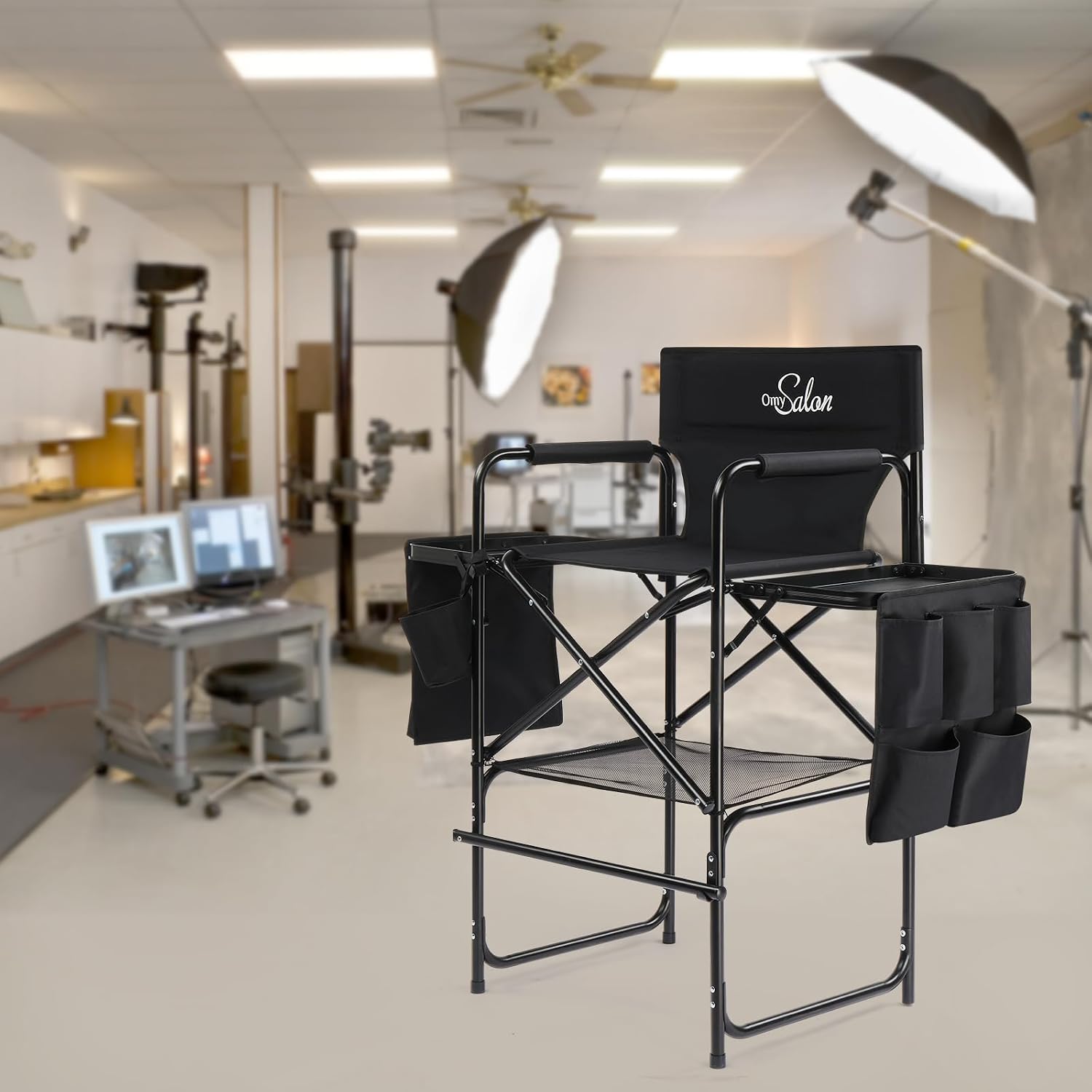 OmySalon Tall Folding Directors Chair with Side Table Storage Bag, Aluminum Frame 300 lbs Capacity, Portable Makeup Artist Bar Height, 19.7" D x 24.6" W x 45.7" H(Black)