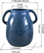 Blue Ceramic Vase with 2 Handles, Modern Farmhouse Vases for Home Decor, Rustic Pottery Vase, Decorative Terracotta Vases for Pampas Grass, Clay Jug for Living Room Dining Table Shelves