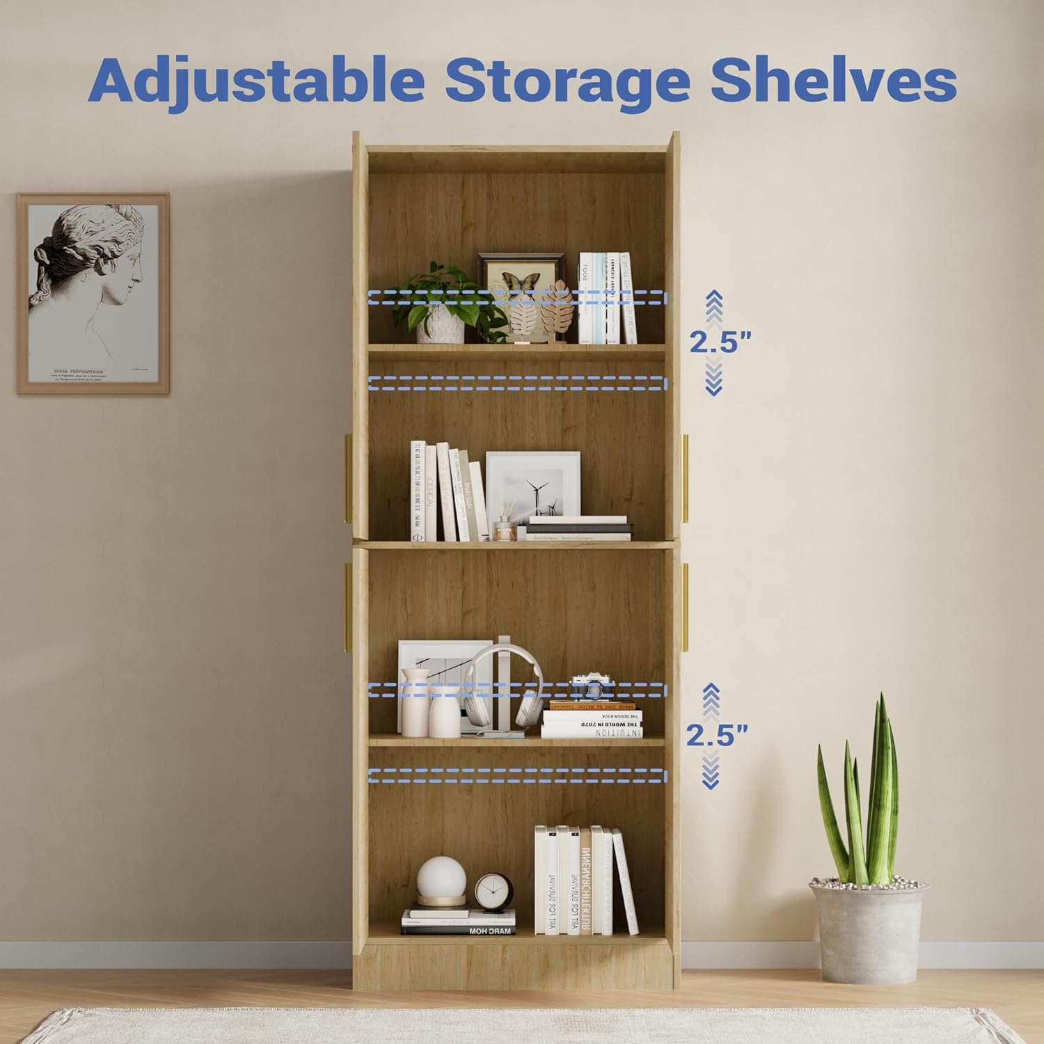 Housoul 71" Tall Pantry Cabinet with 4 Doors, Kitchen Pantry Storage Cabinet, Freestanding Larder Cupboard, Utility Kitchen Hutch with Gold Handles for Dining Room, Bathroom, Natural