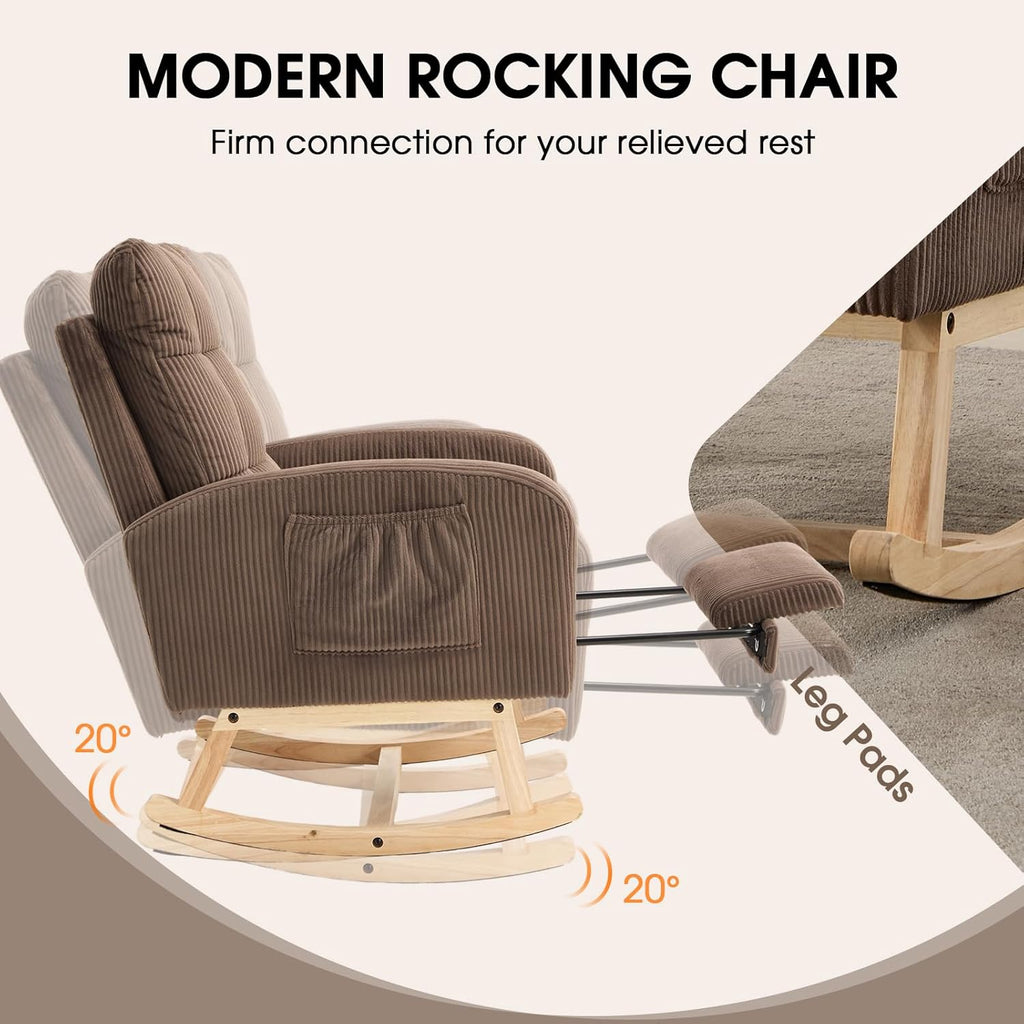 NIOIIKIT Nursery Rocking Chair, Corduroy Upholstered Rocking Chair with Adjustable Footrest, Tufted Rocker Chair with Side Pocket, Glider Rocker for Living Room, Bedroom (Brown Retro)