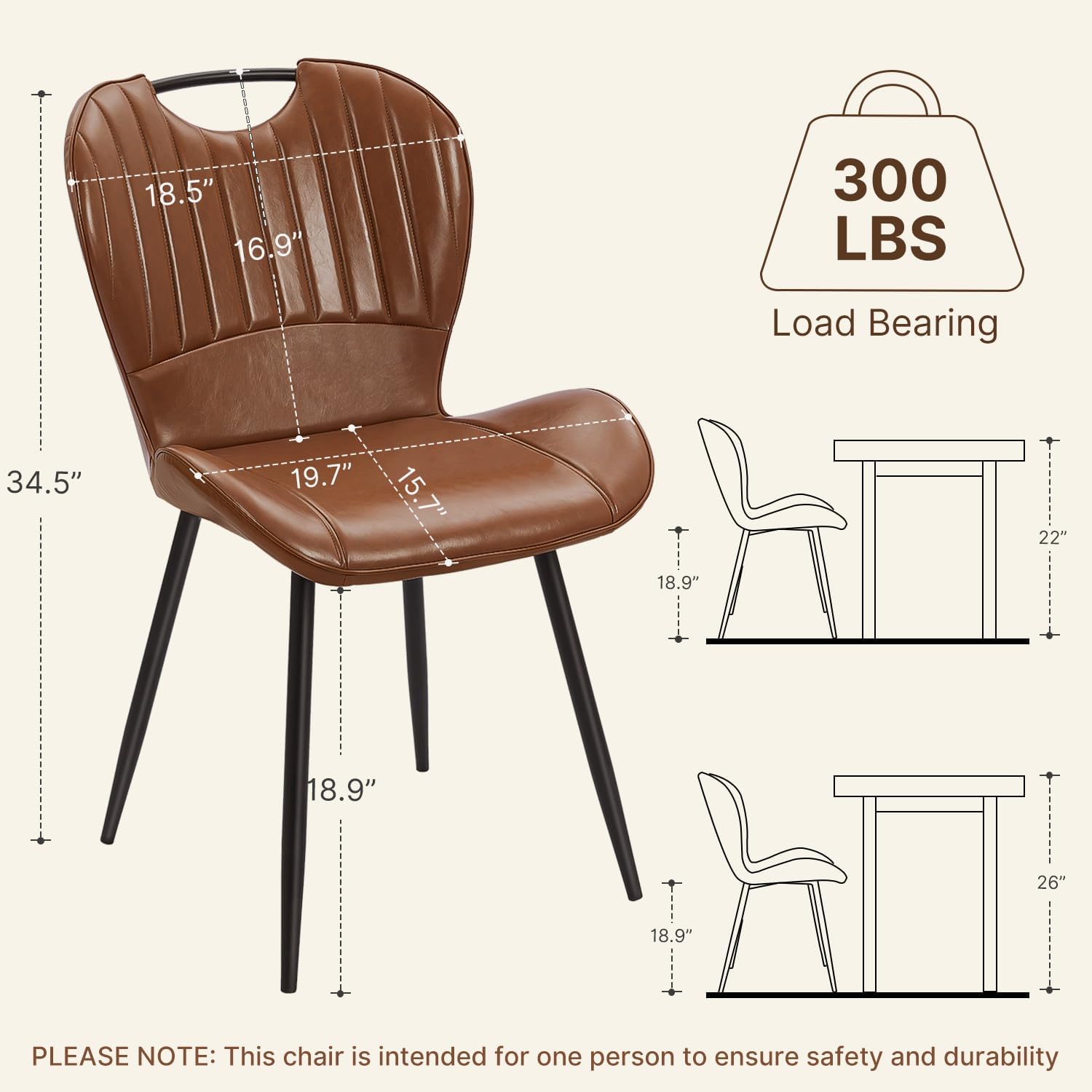 Dining Room Chairs Set of 4, Modern Kitchen Room Sets for Dinner, Comfortable Dining Chair with Metal Legs, Ergonomic Backrest, Minimalist Faux Leather Funiture Used for Home Kitchen, Resturant, Brown