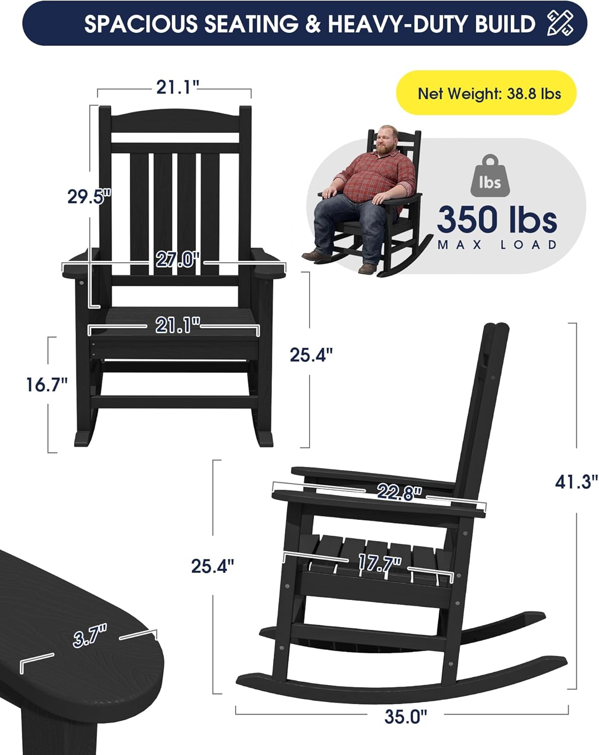 KINGYES Oversized Outdoor Rocking Chair Set of 2, High Density Polyethylene Patio Rocking Chairs with 350lbs Support for Adults,Porch Recliner Rocker, Black
