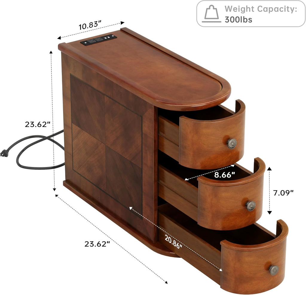 Solid Wood End Table with Charging Station, No Assembly Required Narrow Sofa Side Table for Living Room, Vintage Slim Nightstand Bedside Table (3 Drawers, Brown, 1Pc)