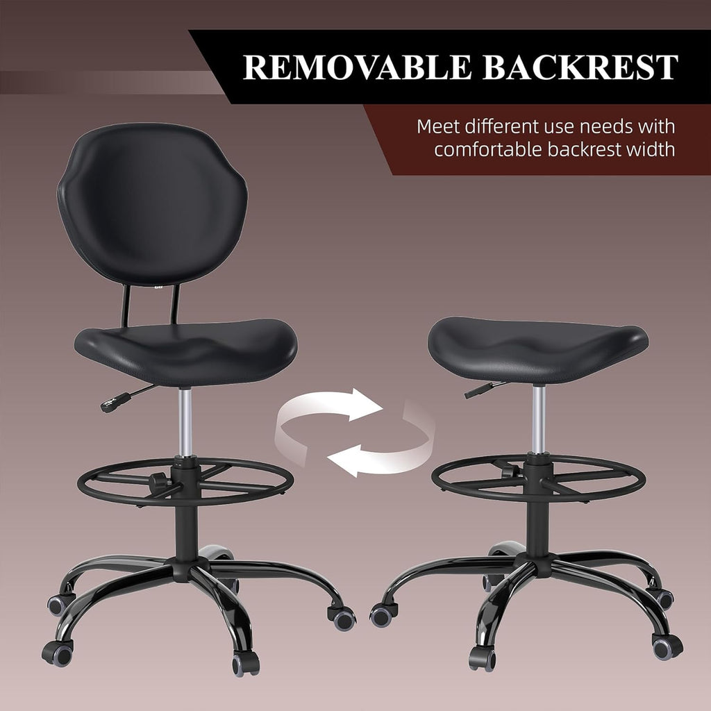 Drafting Chair with Back Support, Tall/High Desk Rolling Stool with Footrest Ring, Faux Leather Office Chair with Height Adjustable for Standing Desk, Home Office, Bar, Workbench & Kitchen(Black)