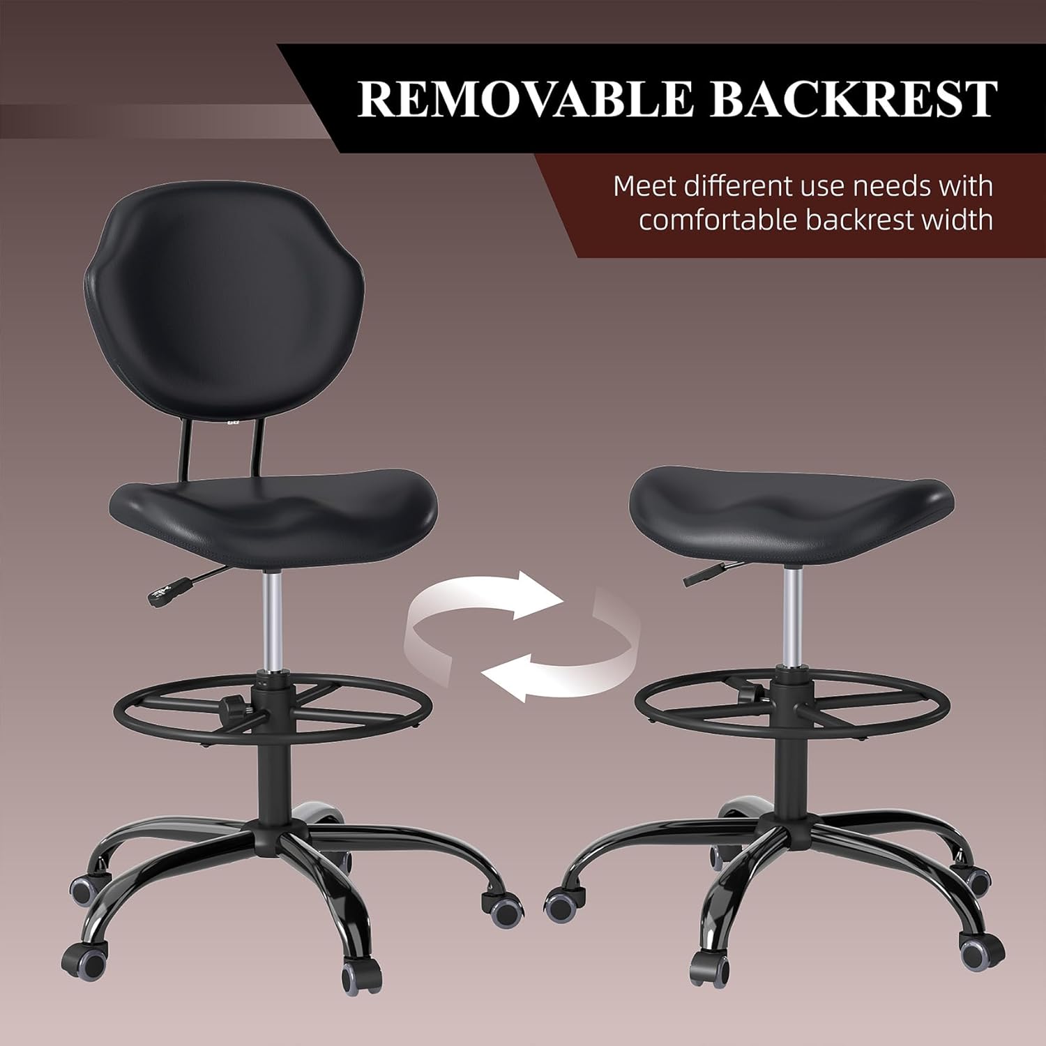 Drafting Chair with Back Support, Tall/High Desk Rolling Stool with Footrest Ring, Faux Leather Office Chair with Height Adjustable for Standing Desk, Home Office, Bar, Workbench & Kitchen(Black)