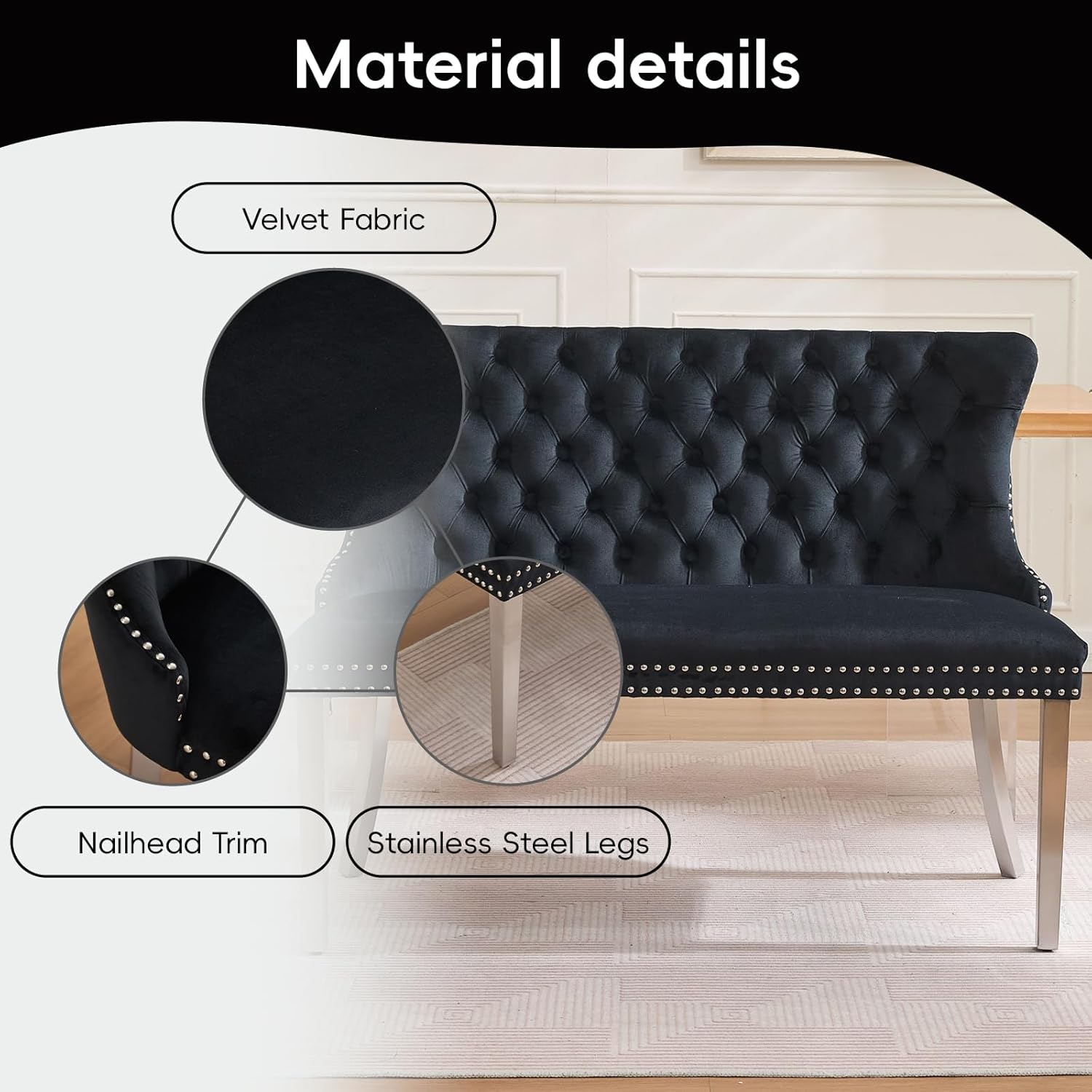 Velvet Double Dining Loveseat Bench with Wing Back, Tufted Upholstered 2-Seat Design,Silver Stainless Steel Legs, Modern Mid-Century Accent Seating for Dining Room, Kitchen, or Entryway (Black)