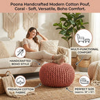 Poona Handcrafted Modern Cotton Pouf, Coral, Soft Upholstered Ottoman with Tassels, Boho Floor Seating for Living Room Bedroom and Nursery