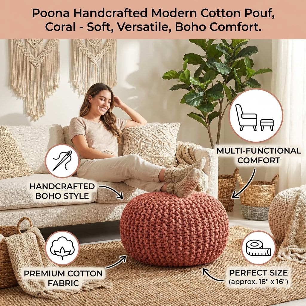 Poona Handcrafted Modern Cotton Pouf, Coral, Soft Upholstered Ottoman with Tassels, Boho Floor Seating for Living Room Bedroom and Nursery