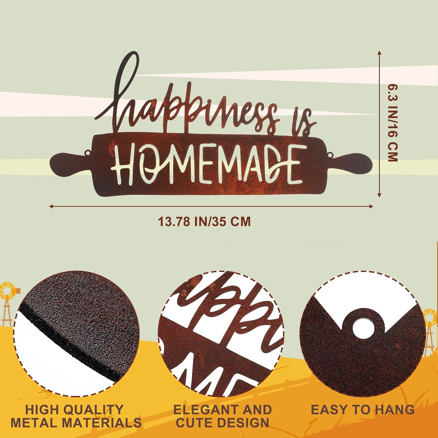 Funrous Kitchen Wall Art Decor Happiness Is Homemade Metal Sign Rustic Farmhouse Kitchen Decor Hanging Decorative Signs and Plaques for Home Dining Garden Room 13.8 x 6.3 Inch(Brown)