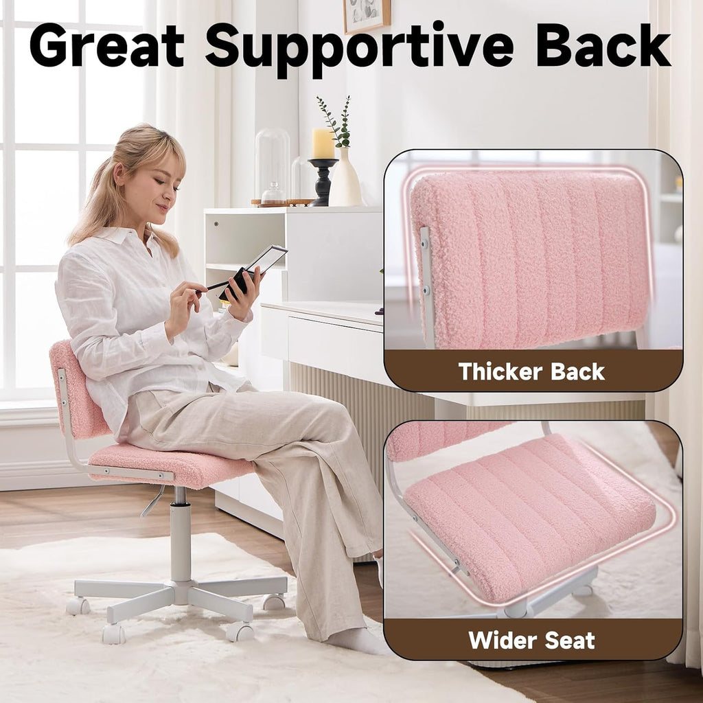 Office Chair Vanity Chair with Wheels, Comfy Small Desk Chair Vanity Chair with Back, Cute Teddy Armless Adjustable Swivel Chair for Bedroom Home Computer Task, Pink