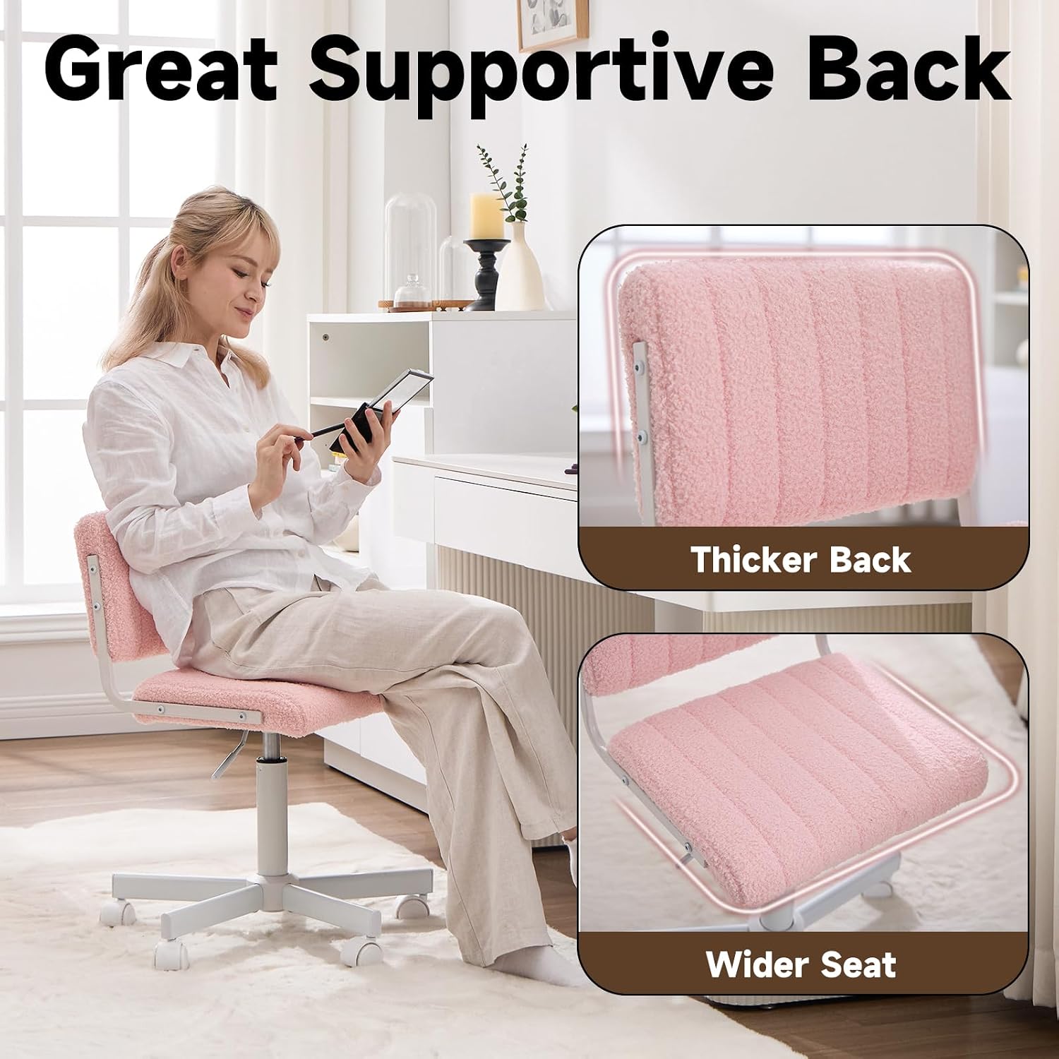 Office Chair Vanity Chair with Wheels, Comfy Small Desk Chair Vanity Chair with Back, Cute Teddy Armless Adjustable Swivel Chair for Bedroom Home Computer Task, Pink