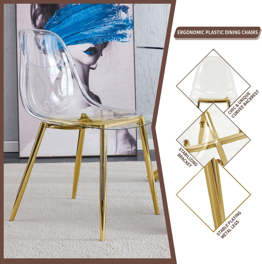 Baysitone 51 inch Glass Dining Table Set for 6, Dining Table & Chair Sets with Gold Metal Legs for Kitchen, Modern Rectangle Tempered Glass Table Top&Transparent Plastic Dining Chair for Dining Room
