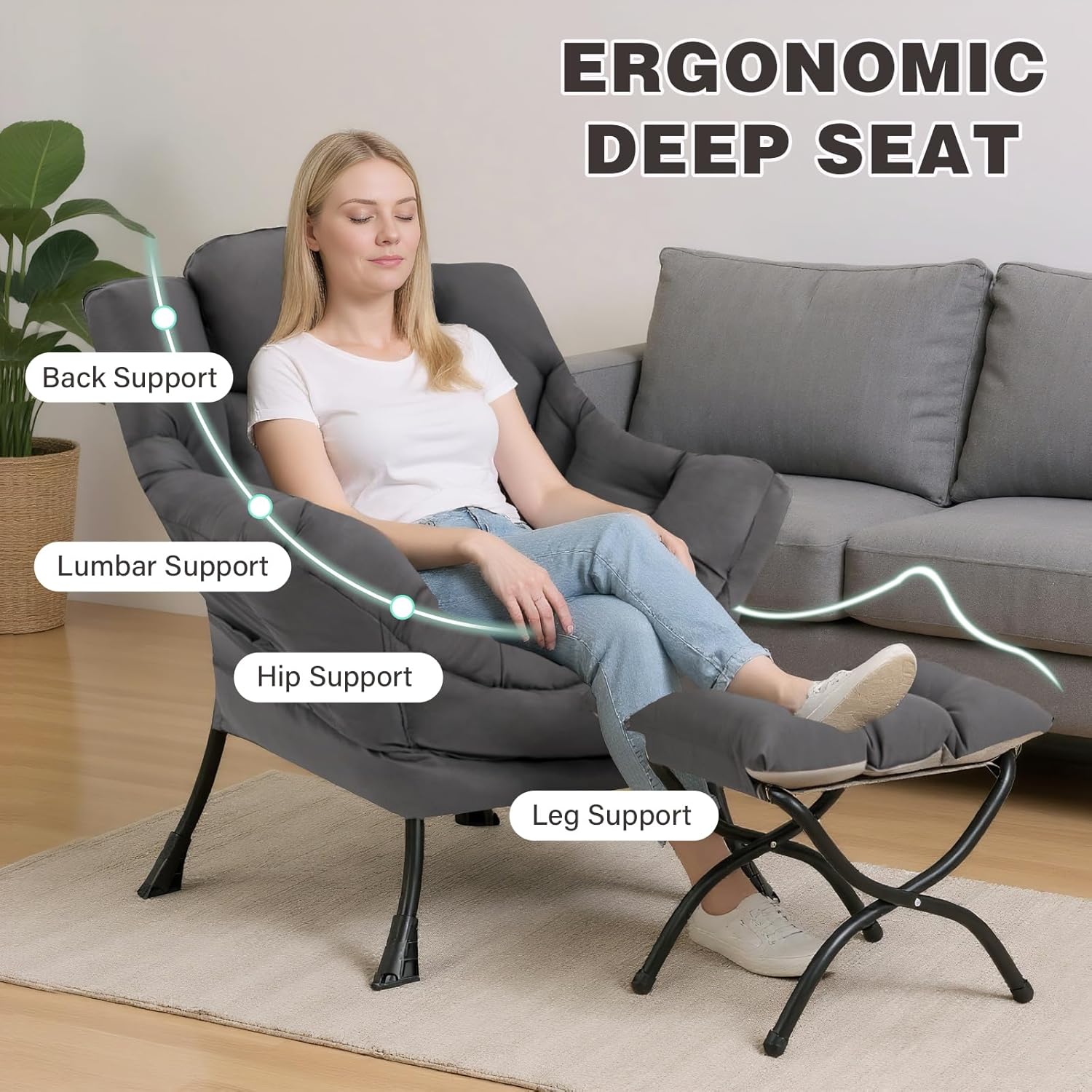 Lazy Chair with Ottoman, Modern Accent Chair Contemporary Sofa Chair with Armrests, Reading Chair and Folding Footstool Set for Living Room, Bedroom, Office, Dark Grey