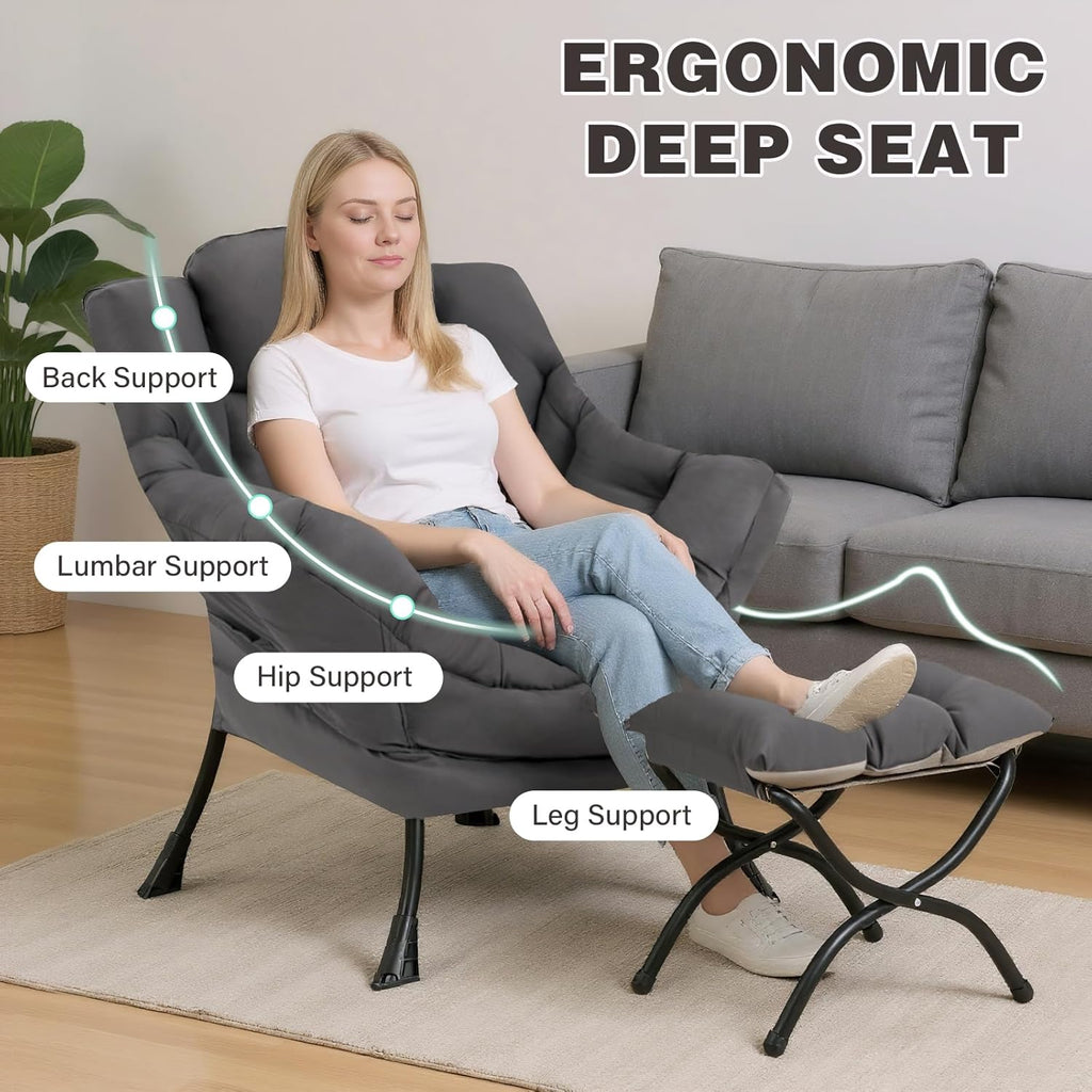 Lazy Chair with Ottoman, Modern Accent Chair Contemporary Sofa Chair with Armrests, Reading Chair and Folding Footstool Set for Living Room, Bedroom, Office, Dark Grey