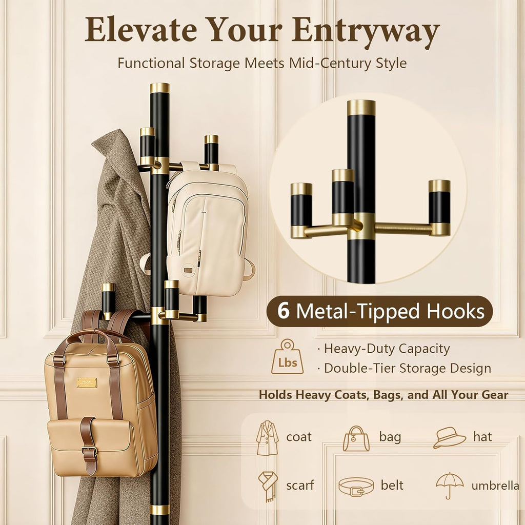 Solid Wood Freestanding Coat Rack with 6 Gold Metal Hooks, Heavy-Duty Freestanding Coat Stand for Coats, Hats, and Bags, Coat Racks for Bedroom, Entryway, and Living Room (Black)