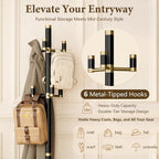 Solid Wood Freestanding Coat Rack with 6 Gold Metal Hooks, Heavy-Duty Freestanding Coat Stand for Coats, Hats, and Bags, Coat Racks for Bedroom, Entryway, and Living Room (Black)