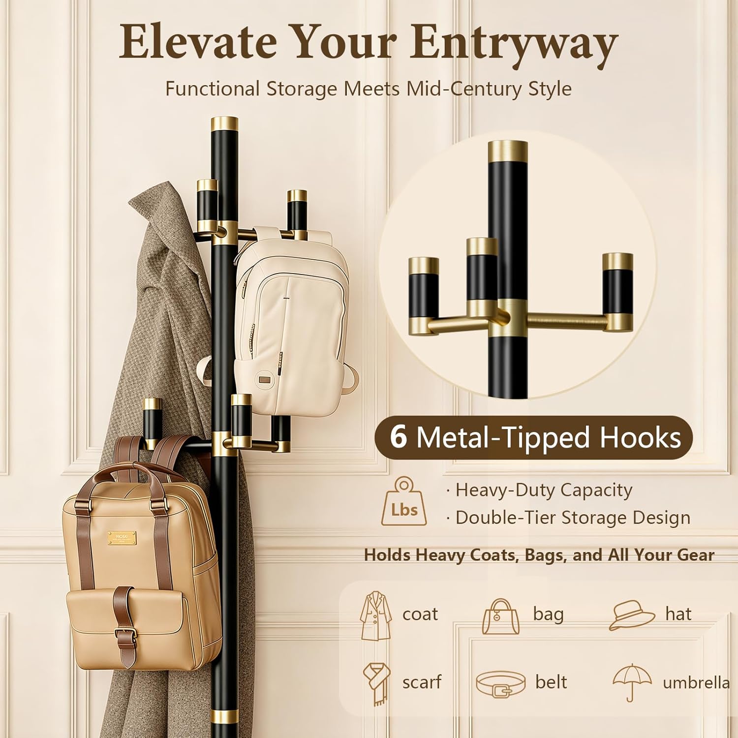 Solid Wood Freestanding Coat Rack with 6 Gold Metal Hooks, Heavy-Duty Freestanding Coat Stand for Coats, Hats, and Bags, Coat Racks for Bedroom, Entryway, and Living Room (Black)