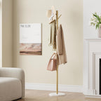 ELYKEN Coat Rack Freestanding with Natural Marble Base, Metal Coat Rack Stand with 10 Hooks, 3 Adjustable Size Coat Tree for Bags, Clothes, and Hats for Entryway, Bedroom, Hallway, Office, Gold