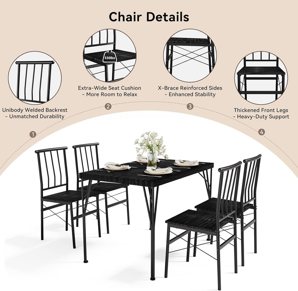 5-Piece Dining Table Set for 4, Kitchen Table Set with 1.6" Thick Tabletop,Space-Saving Rectangular Dining Room Kitchen Table Chair Set for Small Space,Dinette,Apartment,Rustic Black