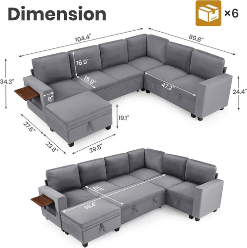 105" Modular Sectional Sleeper Sofa with Pull Out Bed, U Shaped Couch with Storage Chaise & Side Table, Waterproof Pet-Friendly Cat Paw Velvet for Living Room, Tool-Free Assembly(7 Seat Grey)