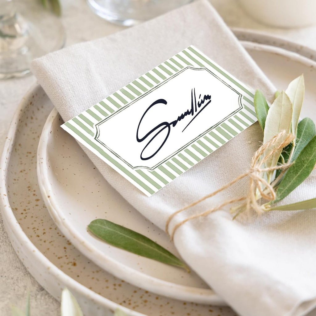 Whaline 100 Pcs Sage Green Place Cards Stripes Tented Card Seating Cards for Spring Wedding Birthday Bridal Shower Party Table Setting