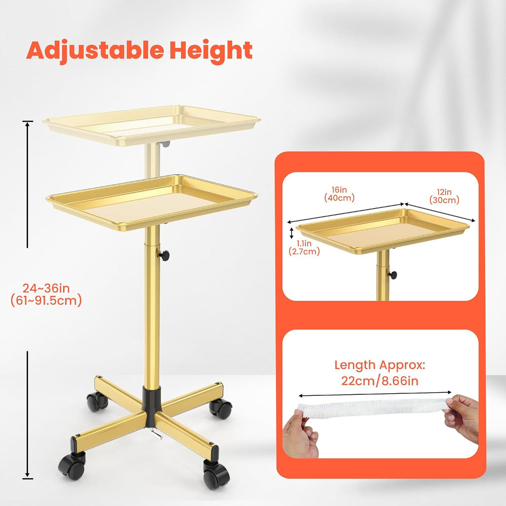 TASALON Rolling Salon Tray,Mobile Styling Station with Wheels Aluminum Rolling Tray Trolley for Salon Essentials, Adjustable Heightfor Hairstylist Tray with 10 PCS Disposable Salon Tray Cover,Gold