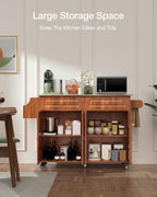 Qsun Kitchen Island with Drop Leaf and Storage, on Wheels Two Drawers, Large Storage Cabinet, Towel Rack Spice Cart Brown