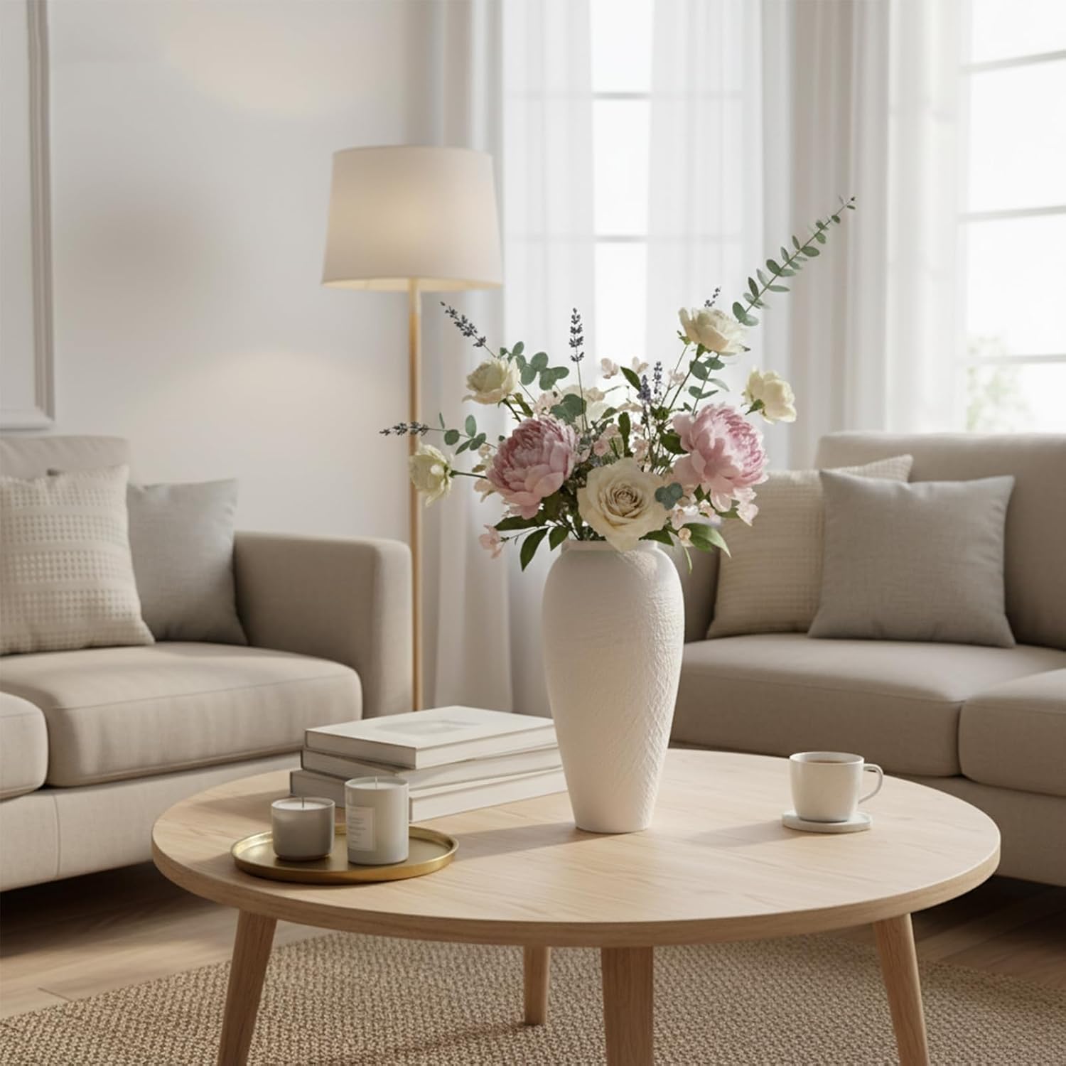 White Ceramic Vase, Large 12.6 Inch Tall Ceramic Flower Vase Home Decor, Minimalist Texture Stone White Flower Vase, Decorative Vase for Living Room Shelf Farmhouse Dining Table Centerpiece Decor