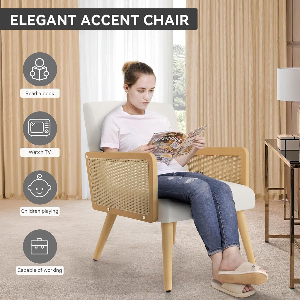 Nebuaegis Accent Chair with Rattan Arms, Living Room Chairs with Wood Legs, Modern Armchair for Bedroom, Lounge Chair Indoor for Reading Room Kitchen Beige