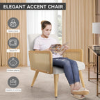 Nebuaegis Accent Chair with Rattan Arms, Living Room Chairs with Wood Legs, Modern Armchair for Bedroom, Lounge Chair Indoor for Reading Room Kitchen Beige