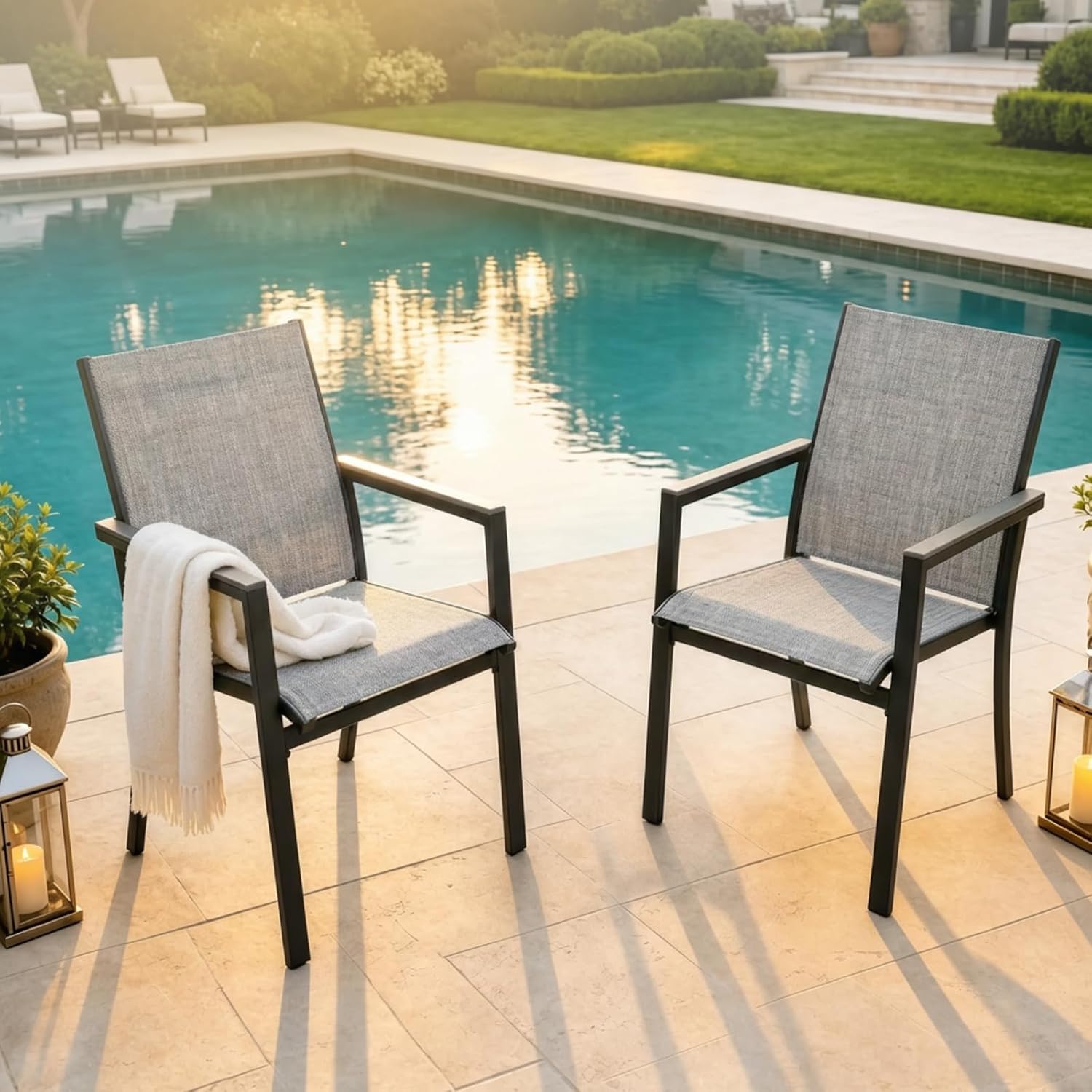 MEOOEM Highback Outdoor Chairs Set of 2, Comfortable Wide Deep Seat Grey Patio Chairs w/Armrests & Metal Frame, Sturdy Durable Heavy Duty Outdoor Armchairs 450LBS for Outside, Backyard, Lawn, Gray