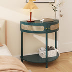 Unique Half Moon Console Table with Rattan Doors, 31.5" Rattan End Table with 2 Drawers & Storage Shelf, Antique Green Half Moon Entry Tables for Living Room, Entryway, Bedroom