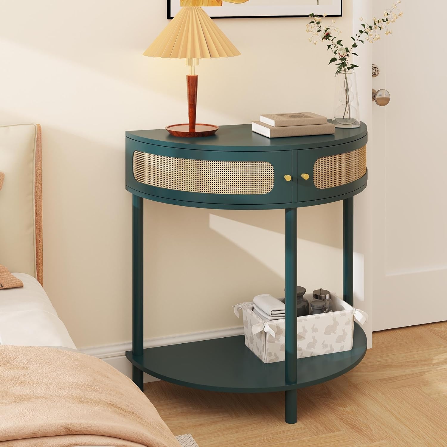 Unique Half Moon Console Table with Rattan Doors, 31.5" Rattan End Table with 2 Drawers & Storage Shelf, Antique Green Half Moon Entry Tables for Living Room, Entryway, Bedroom