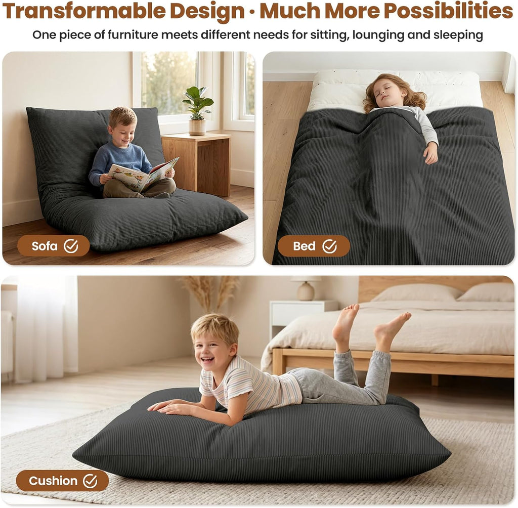 3 in 1 Kids Bean Bag Chair Bed for Kids or Adults, Convertible Chair Folds from Bean Bag Sofa to Lounger, Child Floor Sofa for Gaming, Reading (Grey)