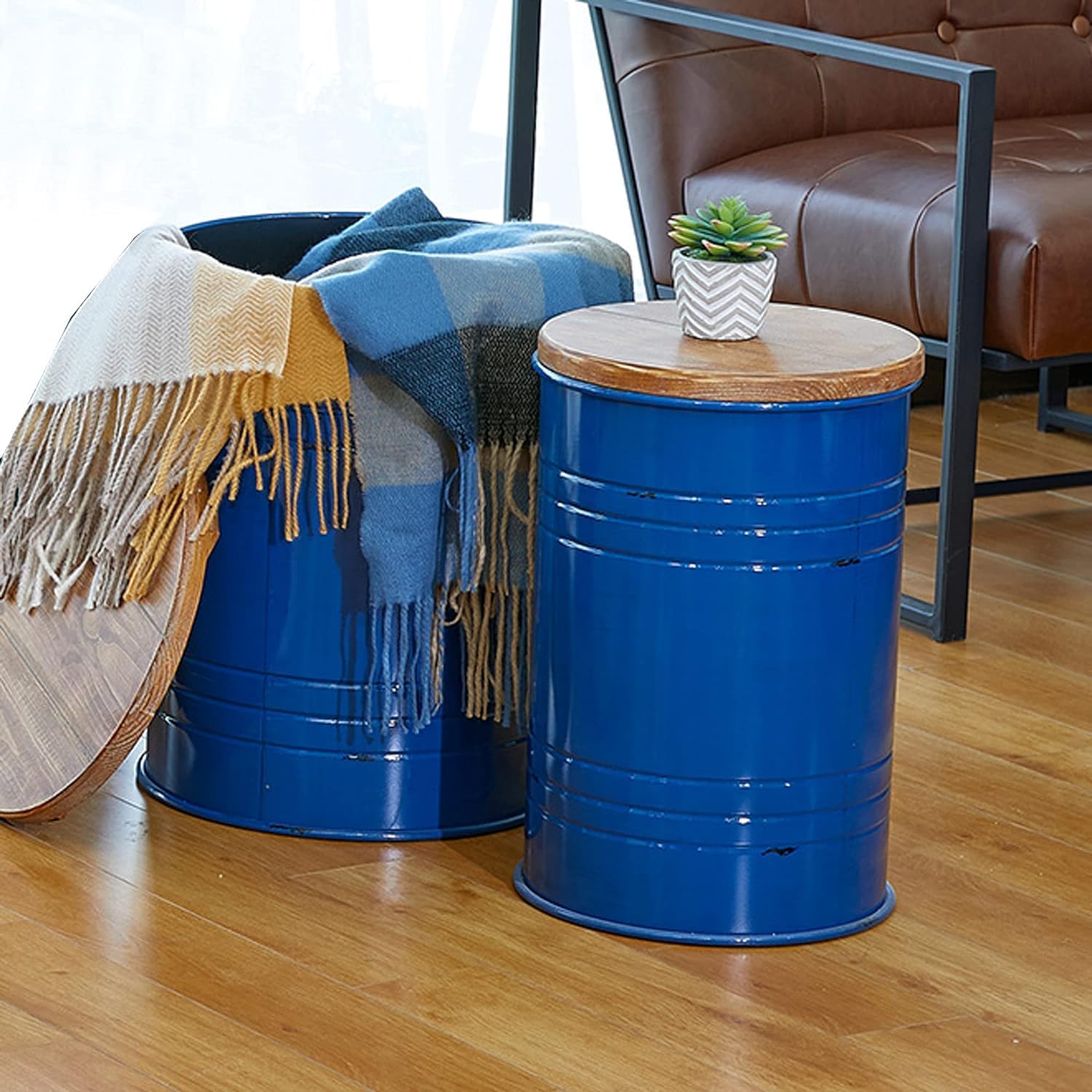 Glitzhome Farmhouse Accent Side Table, Metal Storage Stool Ottoman with Round Lid - Galvanized Coffee Cocktail End Tables Set of 2 for Living Room Bedroom, Navy Blue