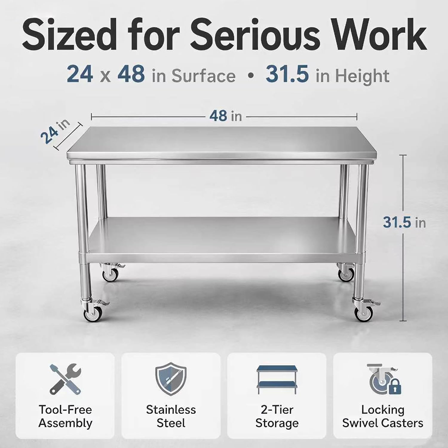 24x48 Stainless Steel Prep Table with Wheels, 1000 lbs, Kitchen, BBQ | Thickened Stainless Steel, 1000-Lb Capacity, Tool-Free Press-Fit Setup, 2-Tier Storage, 4 Locking Casters, 31.5-Inch Height