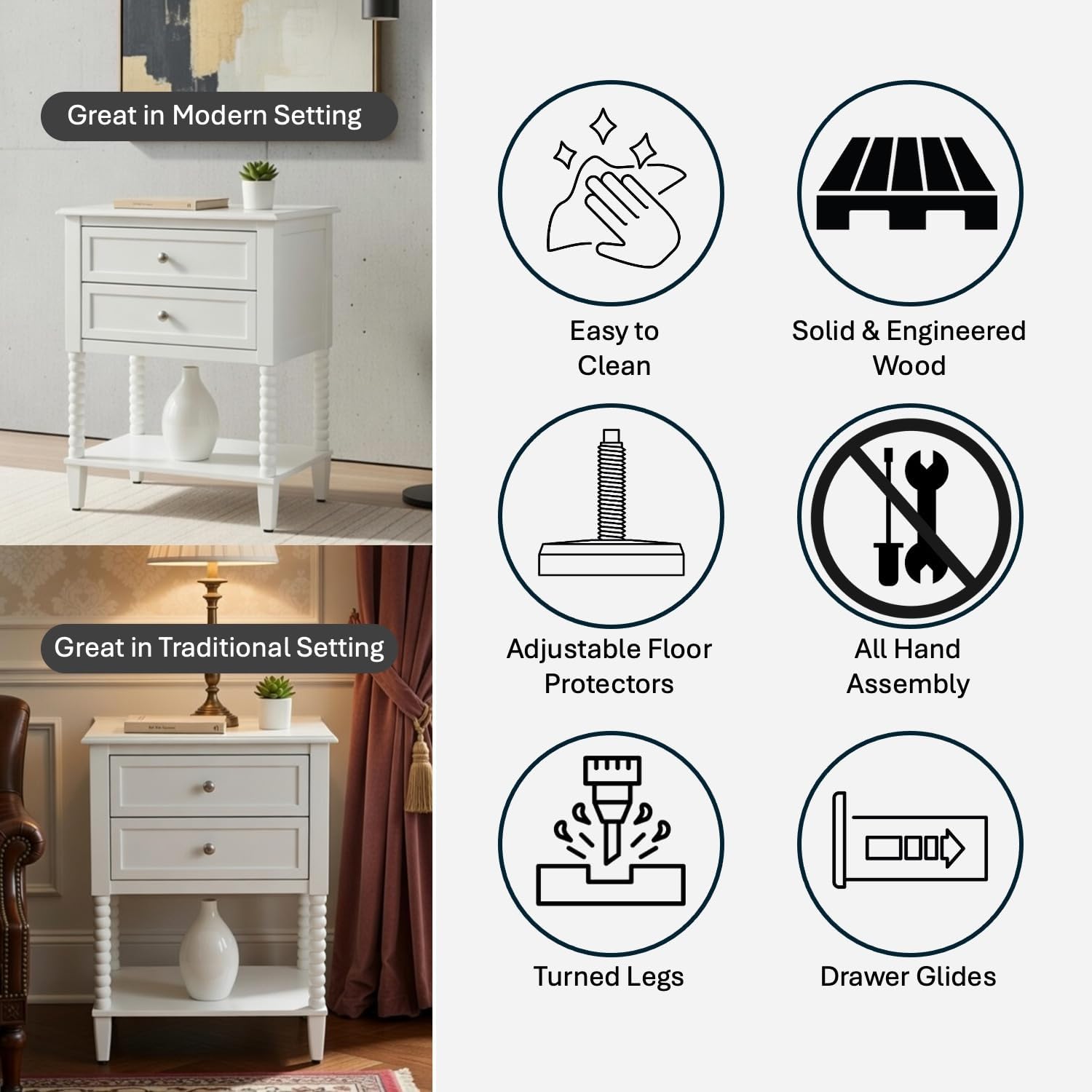 Decor Therapy Preston Two Drawer Side Table, Traditional Side Table with Dual Storage Drawers and Lower Shelf, Classic End Table or Bedside Table for Living Room or Bedroom, White