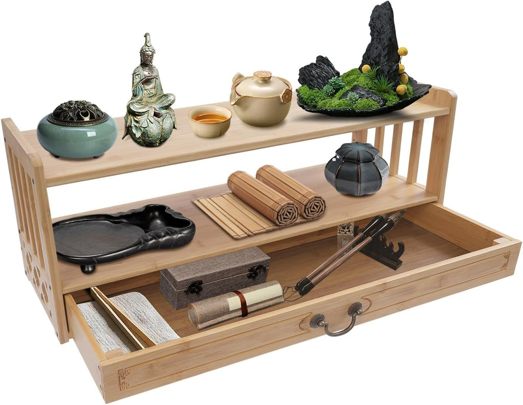 Meditation Table, 3-Tier Bamboo Altar Floor Tables for Spiritual, Puja Table with Drawer for Prayers, Worship or Bamboo Furniture for Displaying Plants and Books