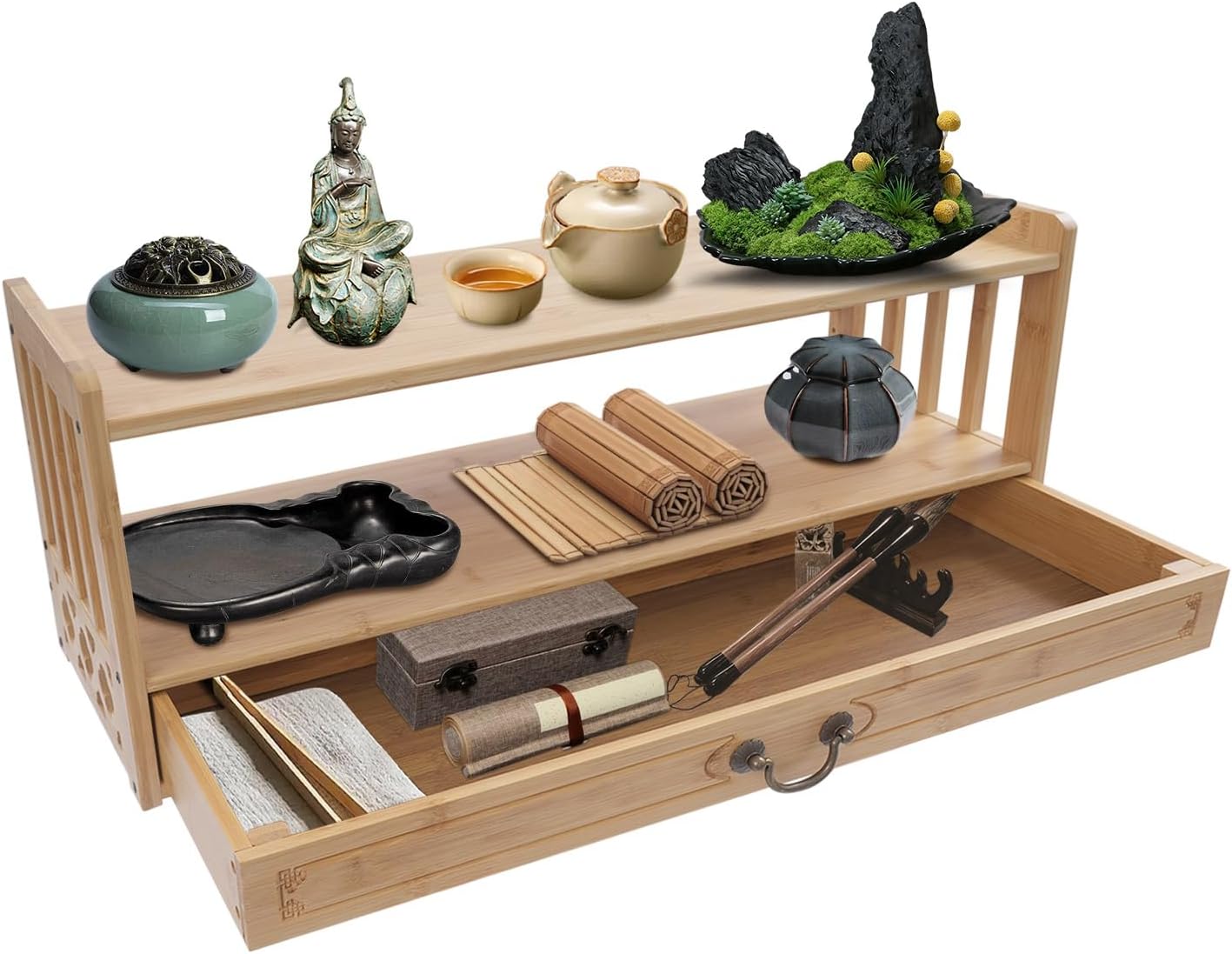 Meditation Table, 3-Tier Bamboo Altar Floor Tables for Spiritual, Puja Table with Drawer for Prayers, Worship or Bamboo Furniture for Displaying Plants and Books